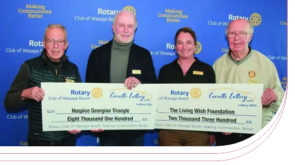 Photo of George Watson (Board Member), Blaine Bell (Incoming Board Chair) and Sandra Sullivan (Executive Director of the Hospice Georgian Triangle Foundation) accept contributions from the Rotary of Wasaga Beach Corvette Lottery.