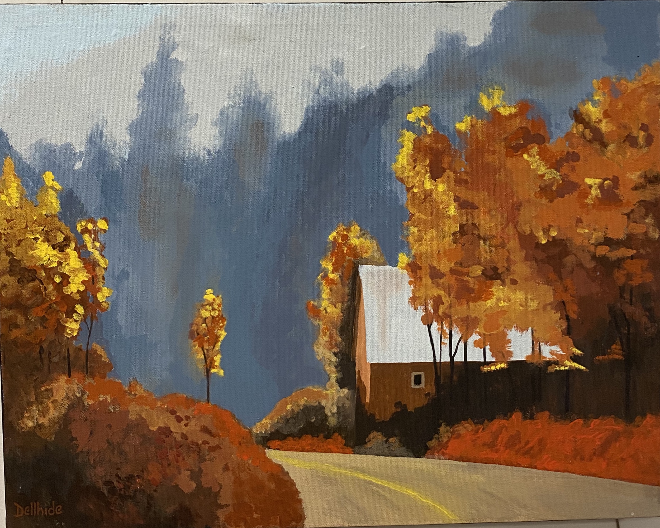 autumn trees, a road with a house to the right